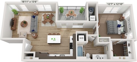 Floor plan for 1 bed, 1 bath, 885 sqft